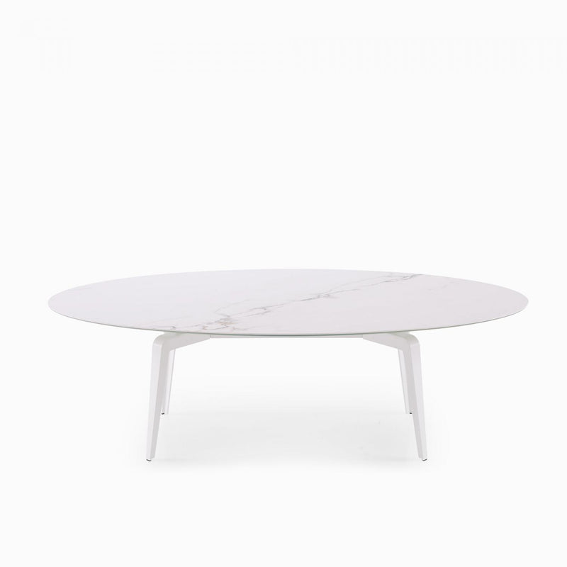 LIGNE ROSET OVAL DINING TABLE WHITE LACQUERED BASE WHITE MARBLE-EFFECT STONEWARE ODESSA
