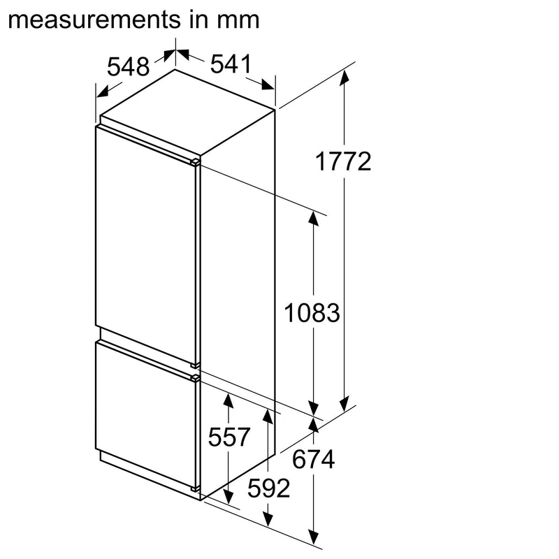 Bosch - 系列 2 內置冷藏冷凍櫃，冷凍室位於底部 177.2 x 54.1 公分滑動鉸鏈 KIV87NSE0G