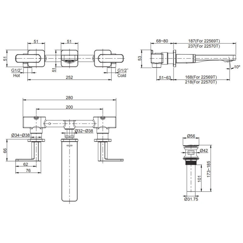 Kohler K-22570T-4-RGD Parallel Widespread Wall-mount Lavatory Faucet (Rose Gold)