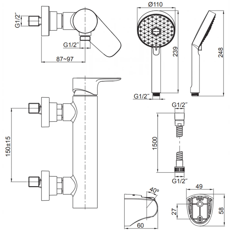 Kohler K-72351T-4-BL Aleo Wall Mount Shower Only Faucet (Matt Black)
