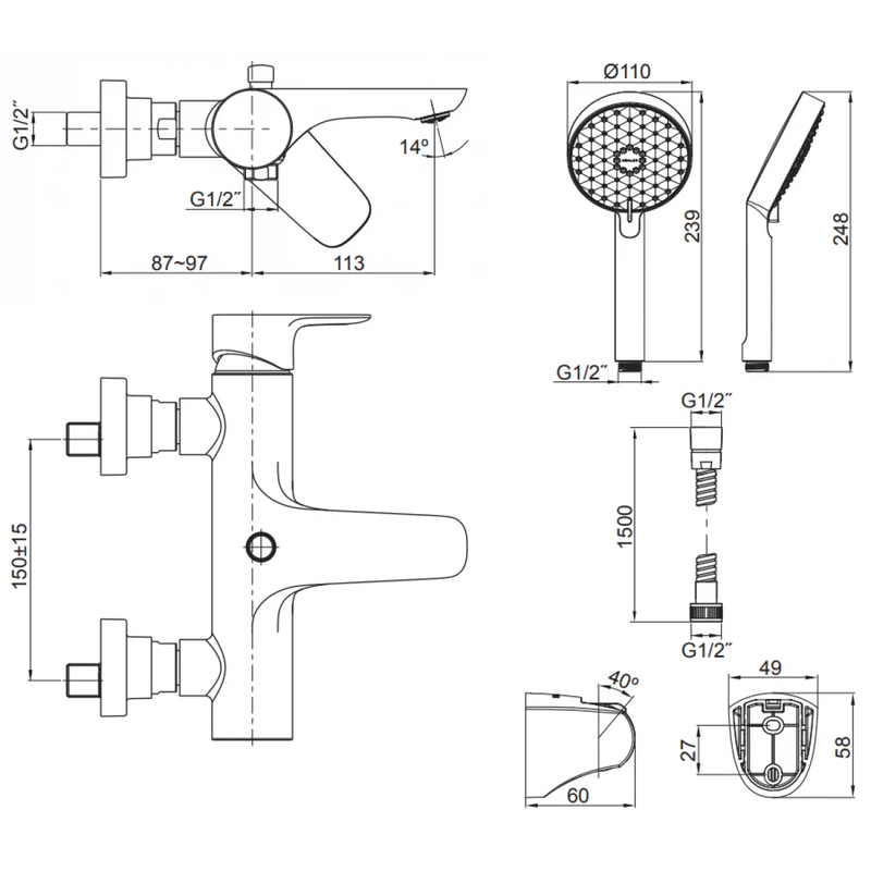 Kohler K-72282T-4-BL Aleo Wall Mount Bath Shower Faucet (Matt Black)