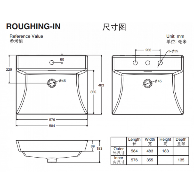 Kohler BRAZN K-EX21059T-1-0 Rectangular pedestal washbasin (White)
