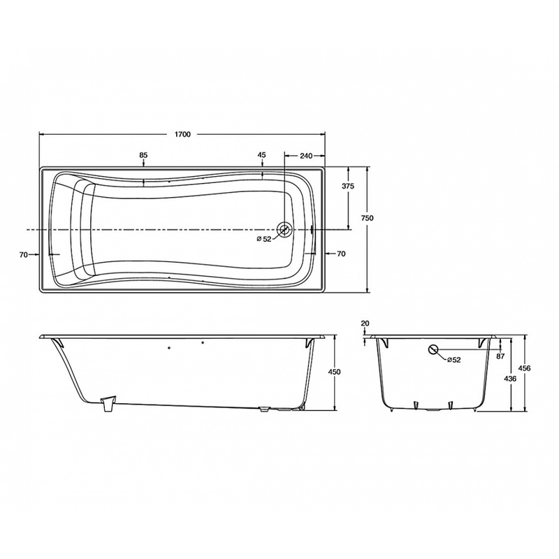 Kohler BLISS™ 1.7m built-in cast iron bath + bath rails (K-15849T-GR-0+ K-17275T-CP)
