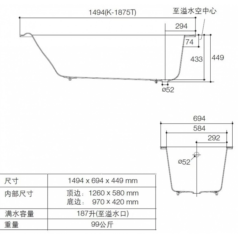 Kohler P1875H-GR-0+8278T-CP Parallel 1.5-metre built-in cast iron bathtub + bathtub rails