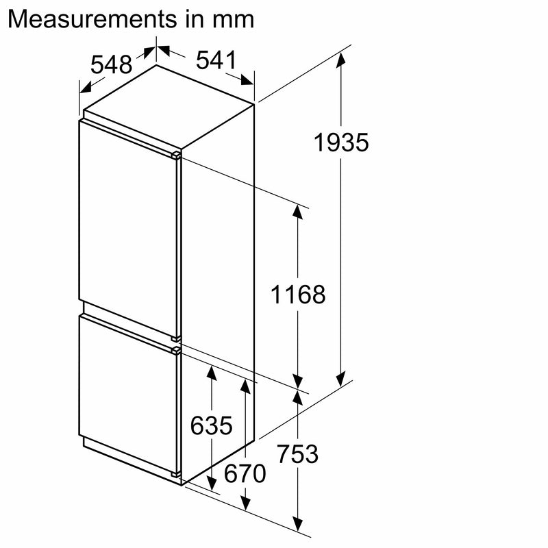 博世 - 系列 2 內置冷藏冷凍櫃，冷凍室位於底部 193.5 x 54.1 公分滑動鉸鏈 KIN96NSE0