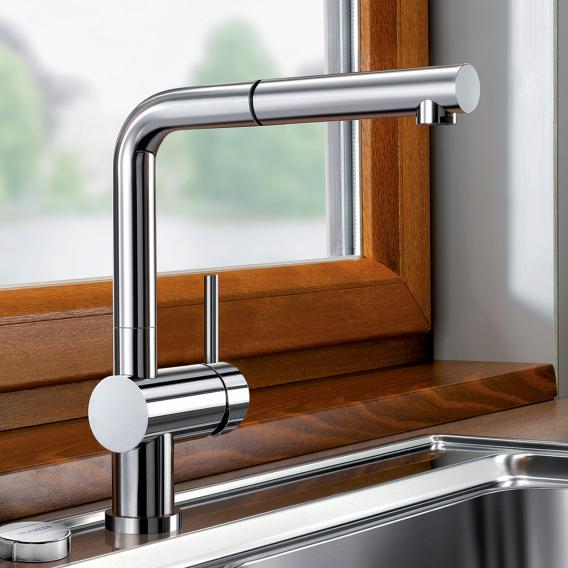 Blanco Linus-S-F single-lever kitchen mixer tap, with pull-out spout, for front-of-window installation chrome