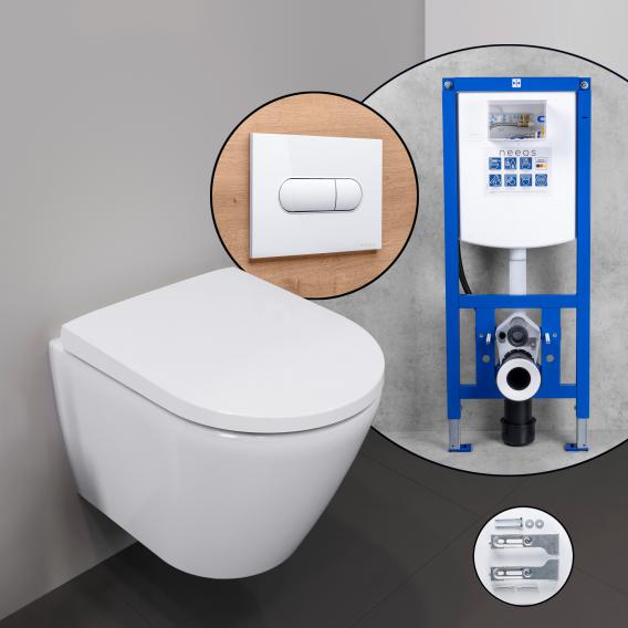 Duravit D-Neo Compact complete SET wall-mounted toilet with neeos pre-wall element flush plate with oval button in