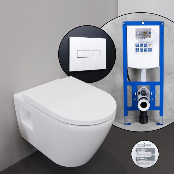 Duravit D-Neo 全套壁掛式馬桶，帶有 neeos 前牆元件、帶矩形按鈕的沖水板