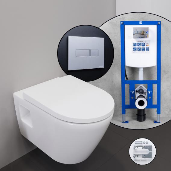 Duravit D-Neo 全套壁掛式馬桶，帶有 neeos 前牆元件、帶矩形按鈕的沖水板