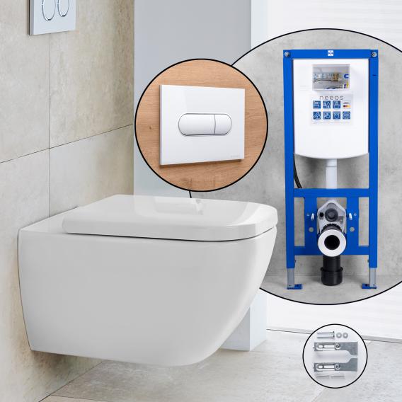 Duravit Happy D.2 complete SET wall-mounted toilet with neeos pre-wall element, flush plate with rectangular button in