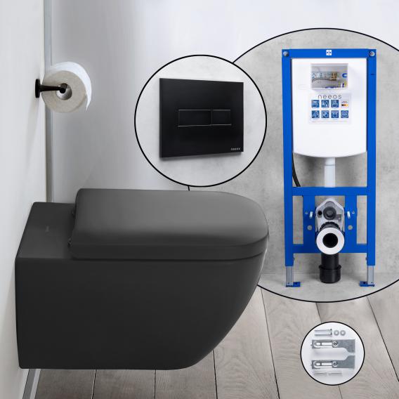 Duravit Happy D.2 complete SET wall-mounted toilet with neeos pre-wall element, flush plate with rectangular button in