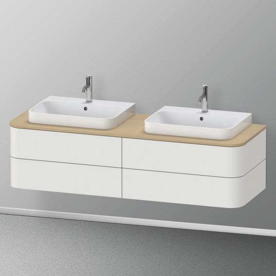 Duravit Happy D.2 Plus 梳妝台配有 4 個可拉出的隔間，用於放置檯面和梳妝台洗臉盆，內部系統採用胡桃木材質