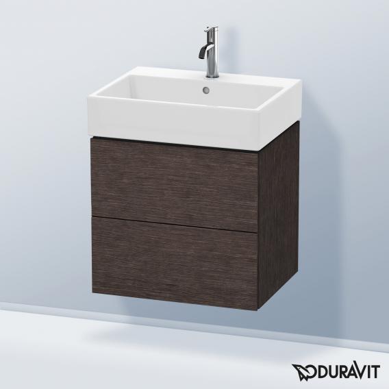 Duravit L-Cube 梳妝台配有 2 個拉出式隔層，內部系統為胡桃木