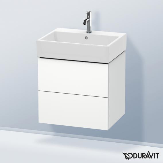 Duravit L-Cube 梳妝台配有 2 個拉出式隔層，內部系統為胡桃木