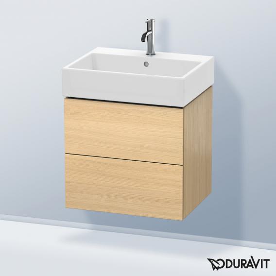 Duravit L-Cube 梳妝台配有 2 個拉出式隔層，內部系統為胡桃木