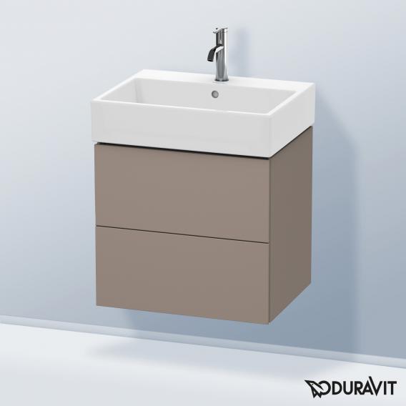 Duravit L-Cube 梳妝台配有 2 個拉出式隔層，內部系統為胡桃木