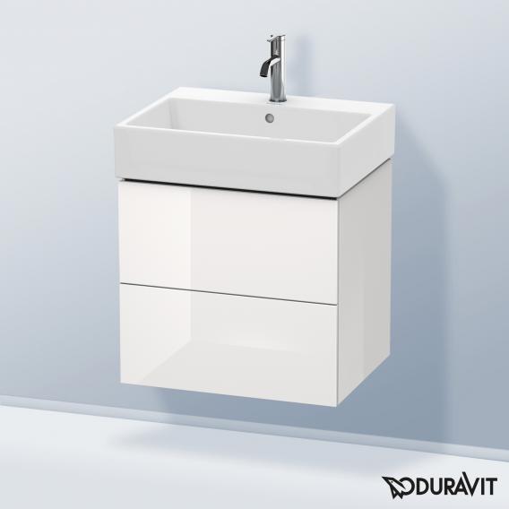 Duravit L-Cube 梳妝台配有 2 個拉出式隔層，內部系統為胡桃木