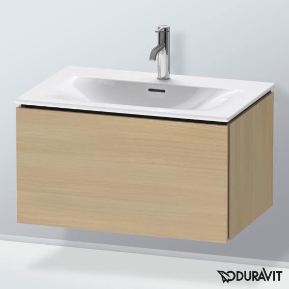 Duravit L-Cube 梳妝台配有 1 個拉出式隔層，內部系統為楓木