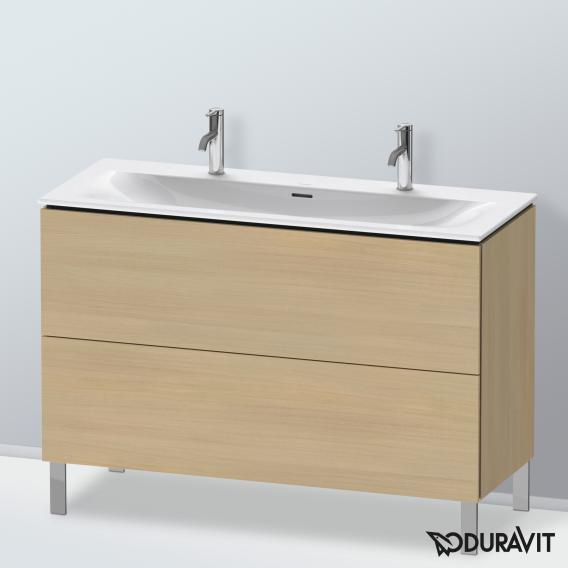 Duravit L-Cube 梳妝台配有 2 個拉出式隔層，內部系統為胡桃木