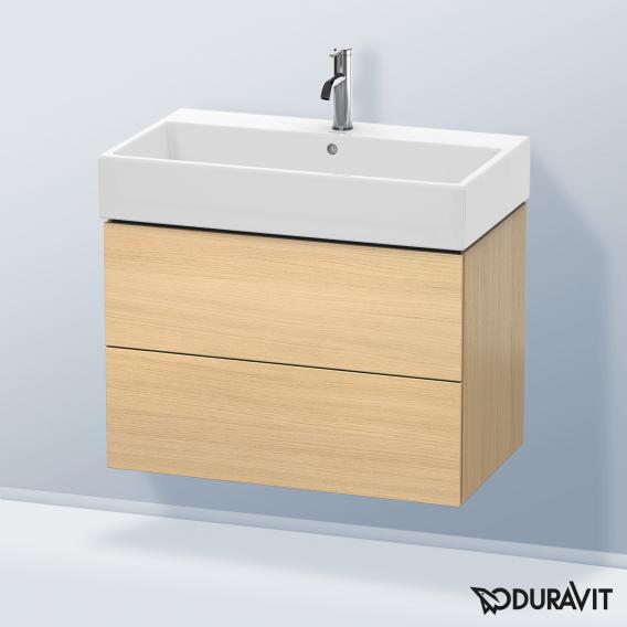 Duravit L-Cube 梳妝台配有 2 個拉出式隔層，內部系統為胡桃木