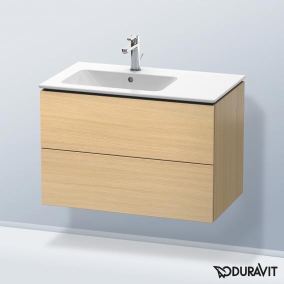 Duravit L-Cube 梳妝台配有 2 個拉出式隔層，內部系統為胡桃木