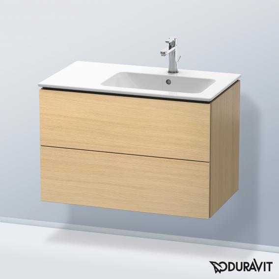 Duravit L-Cube 梳妝台配有 2 個拉出式隔層，內部系統為胡桃木