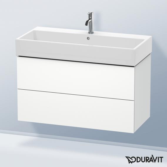 Duravit L-Cube 梳妝台配有 2 個拉出式隔層，內部系統為胡桃木