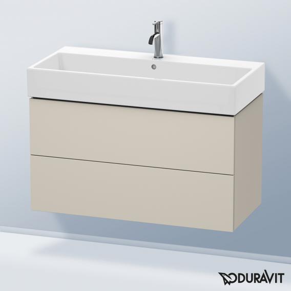 Duravit L-Cube 梳妝台配有 2 個拉出式隔層，內部系統為胡桃木