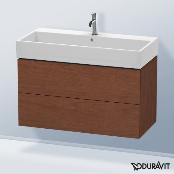 Duravit L-Cube 梳妝台配有 2 個拉出式隔層，內部系統為胡桃木