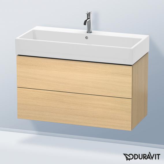 Duravit L-Cube 梳妝台配有 2 個拉出式隔層，內部系統為胡桃木