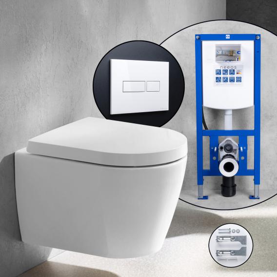 Duravit ME by Starck Compact complete SET wall-mounted toilet with neeos pre-wall element, flush plate with rectangular button in
