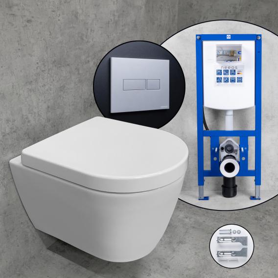 Duravit ME by Starck Compact wall-mounted toilet & Tellkamp toilet seat with neeos pre-wall element, flush plate with rectangular button in