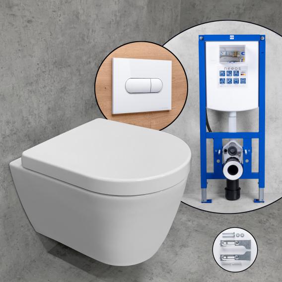 Duravit ME by Starck 緊湊型壁掛式馬桶和 Tellkamp 馬桶座圈，帶 neeos 預牆元件，沖水板帶橢圓形按鈕