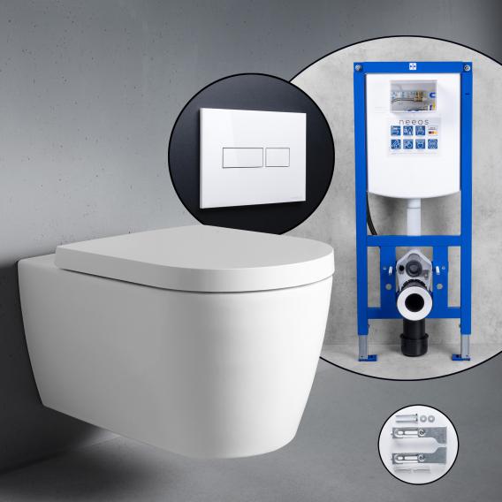 Duravit ME by Starck complete SET wall-mounted toilet with neeos pre-wall element, flush plate with rectangular button in