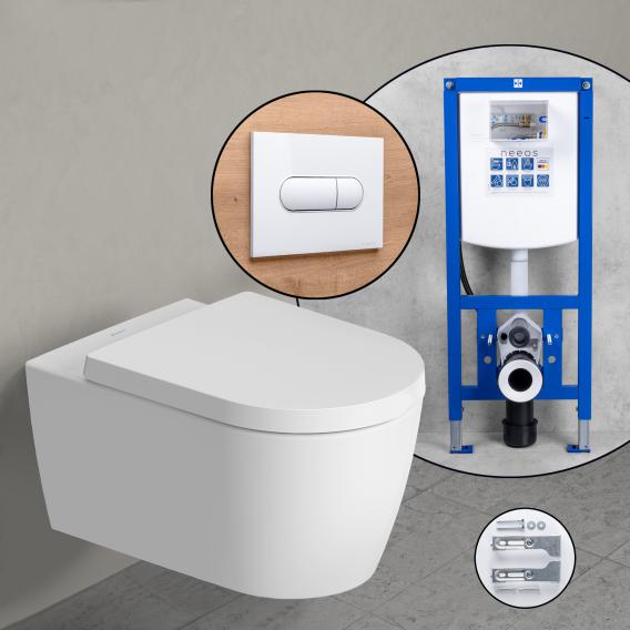 Duravit ME by Starck HygieneFlush 完整套裝壁掛式馬桶，帶有 neeos 前牆元件、帶橢圓形按鈕的沖水板