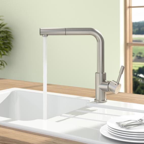 Villeroy &amp; Boch 鋼製淋浴單把手廚房混合龍頭，附拉出式噴嘴，適用於低壓